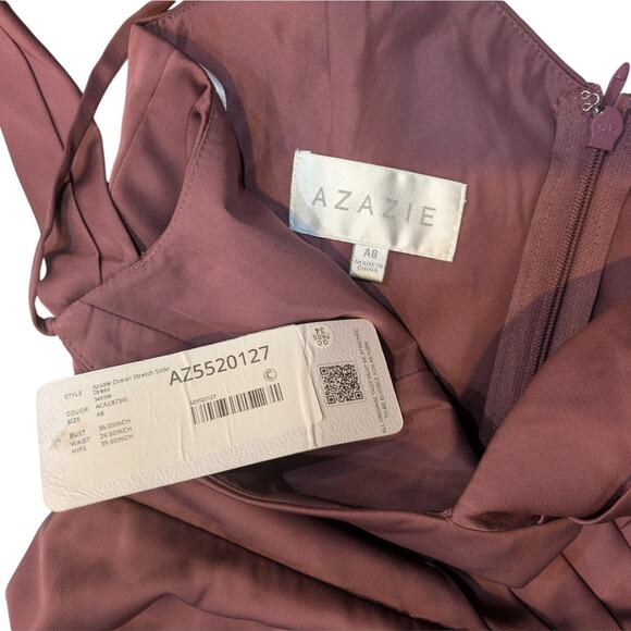 Azazie Ocean Stretch Rosette A-Line V-Neck Pleated Stretch Satin Dress Size 8 - Picture 4 of 7